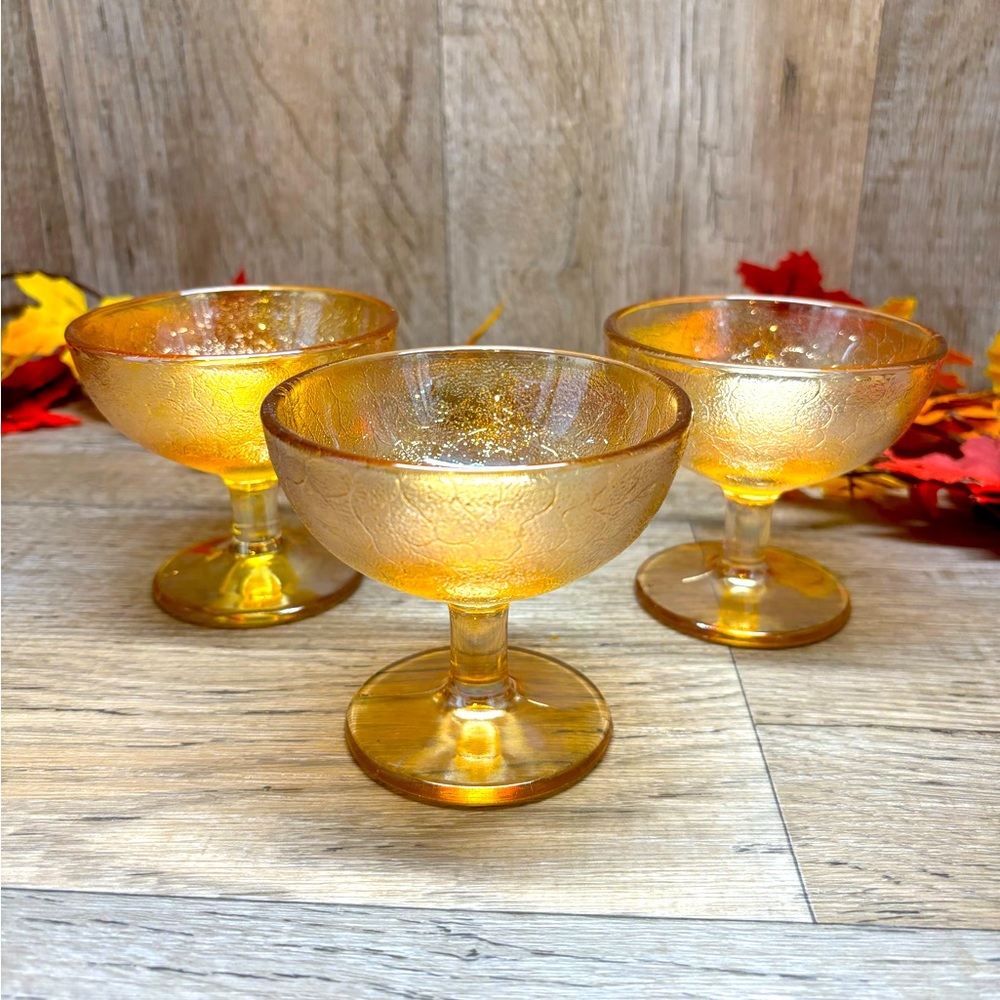 3 Lovely Imperial Marigold Sherbet Glazed Glasses In A Iridescent Crackle Design